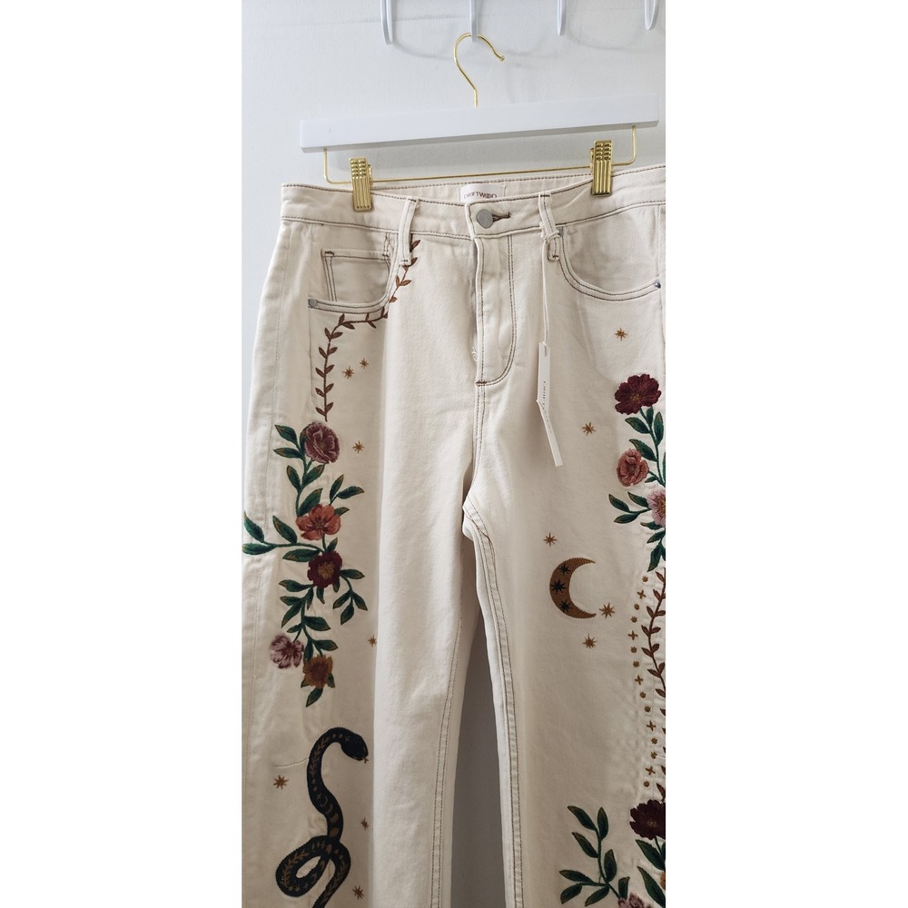 Driftwood Elaine Embroidered Celestial Moon Snake Jeans Cream 29 NEW - Picture 3 of 9